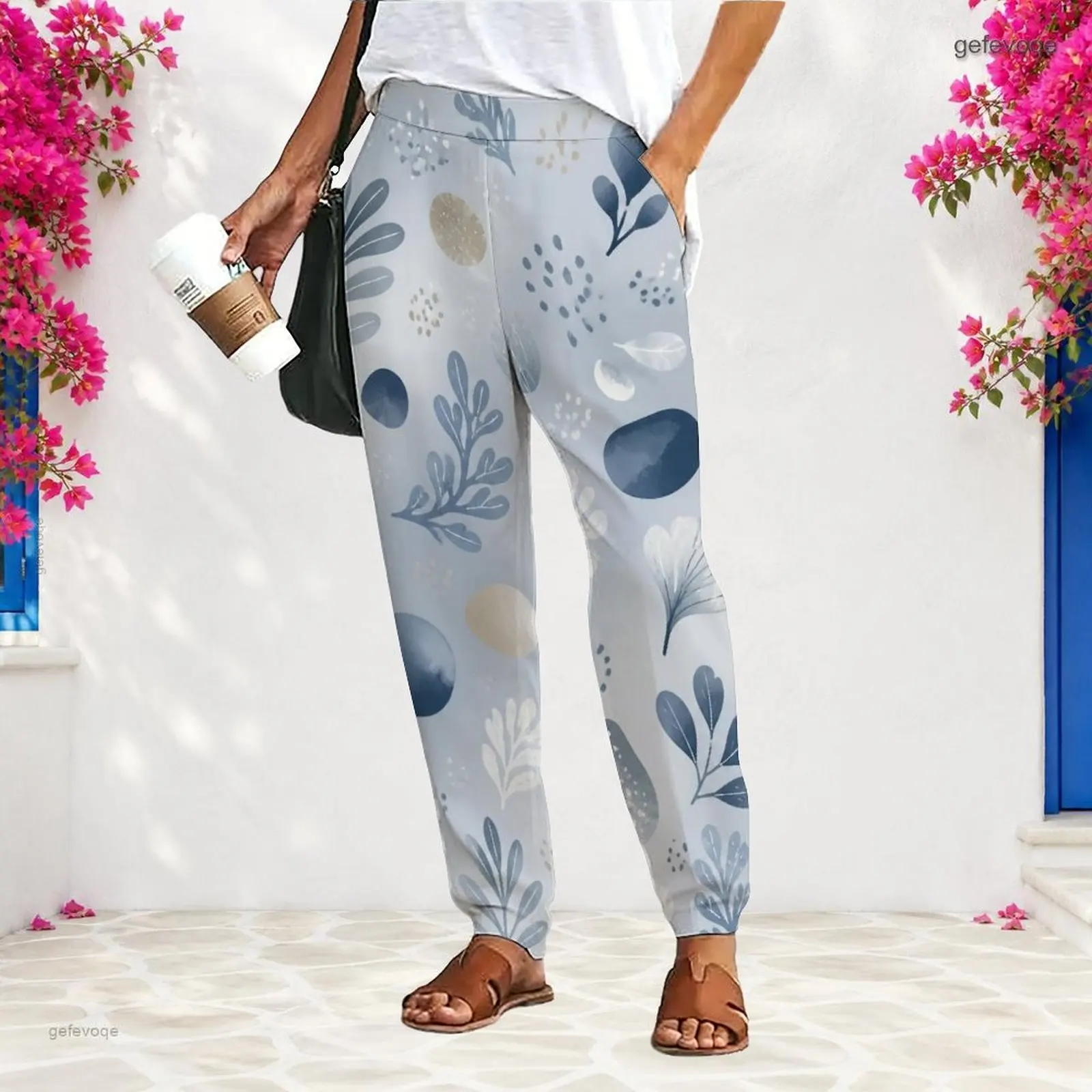 Women Printed Pants Loose Fit Straight Leg Long Length