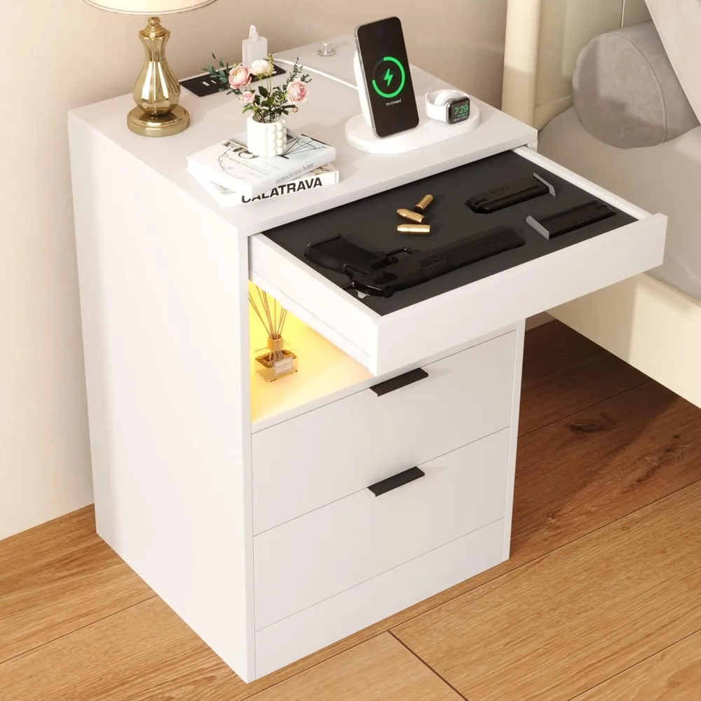

Night Stand with Gun Drawer & Invisible Lock, Bedside Table, LED Nightstand with Charging Station, Modern Night Stand, Wo