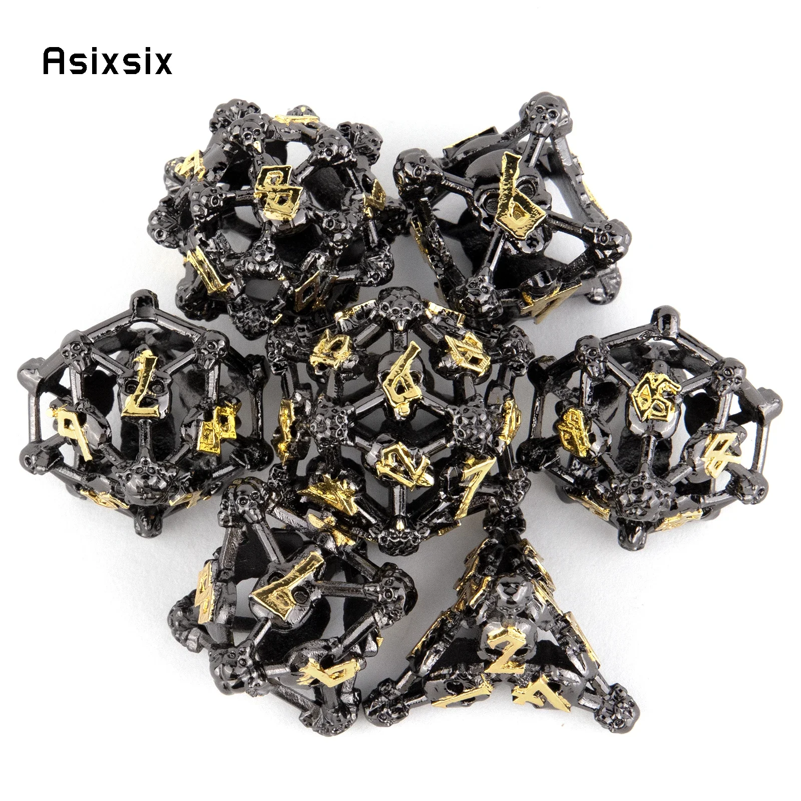 

7 Pcs Black Yellow Skull Head Metal Dice Hollow Metal Polyhedral Dice Set Suitable for Role-Playing RPG Board Game Gift