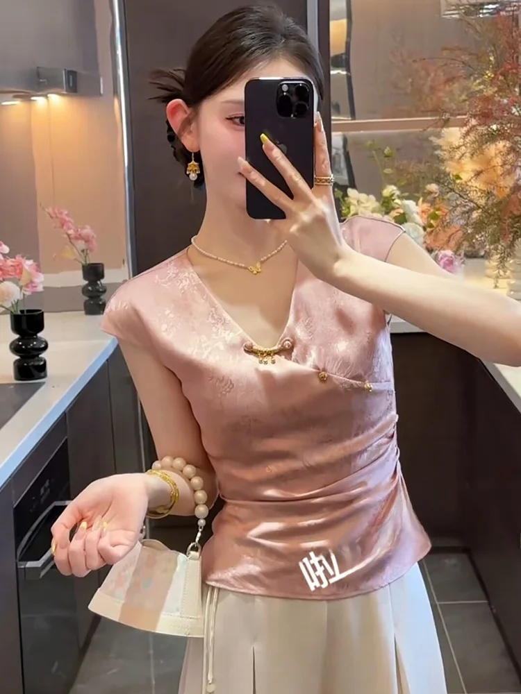 

Elegant Fashionable Women's Two-Piece Set Sleeveless Wide Leg Pants Pink V-Neck Short Sleeve Long Pants Summer New Chinese Style