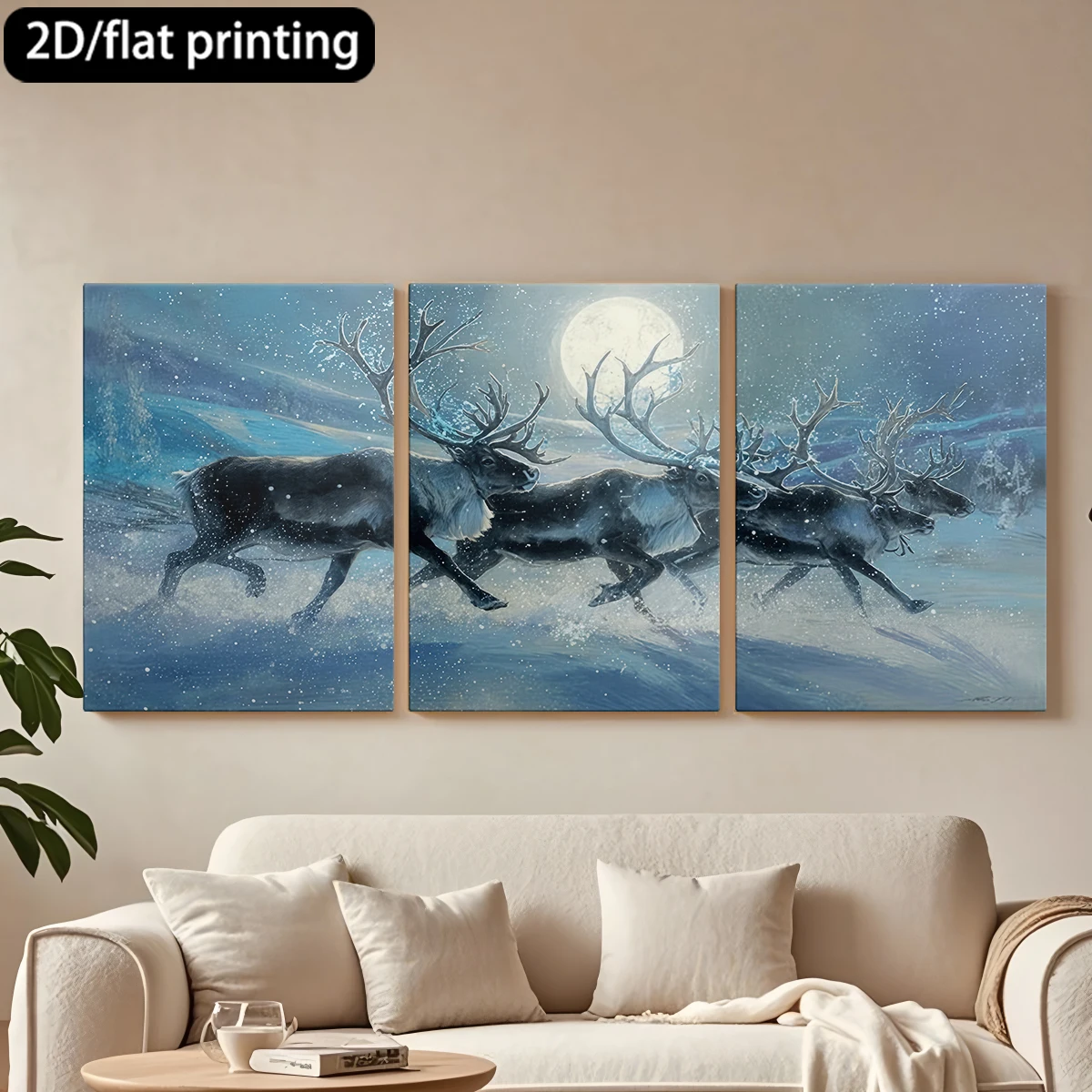 

Трехпанельная декоративная картина на холсте: Бегущий олень, полная луна, снежный пейзаж.