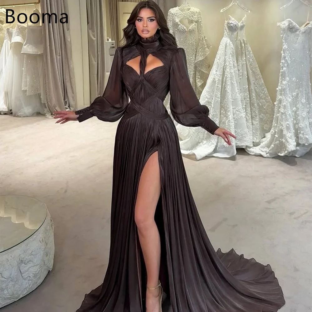 

Booma Sexy A-Line Shiny Pleat Side Split Dresses Formal Party Gowns for Women Long Sleeve Simple Prom Gown Customize