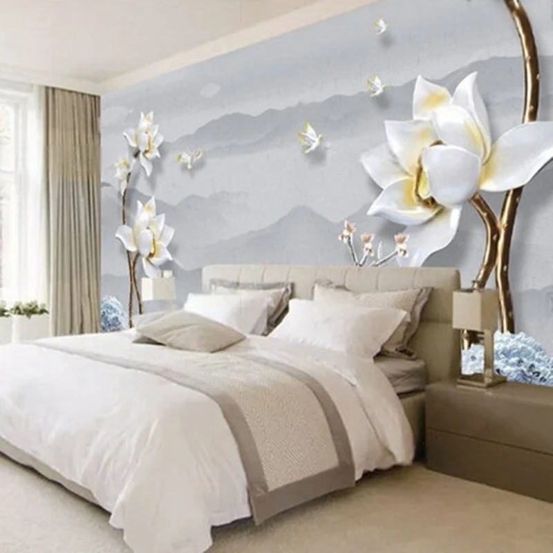 Modern and simple embossed peony flower elk tree ink-wash landscape TV luxurious home decoration background wall