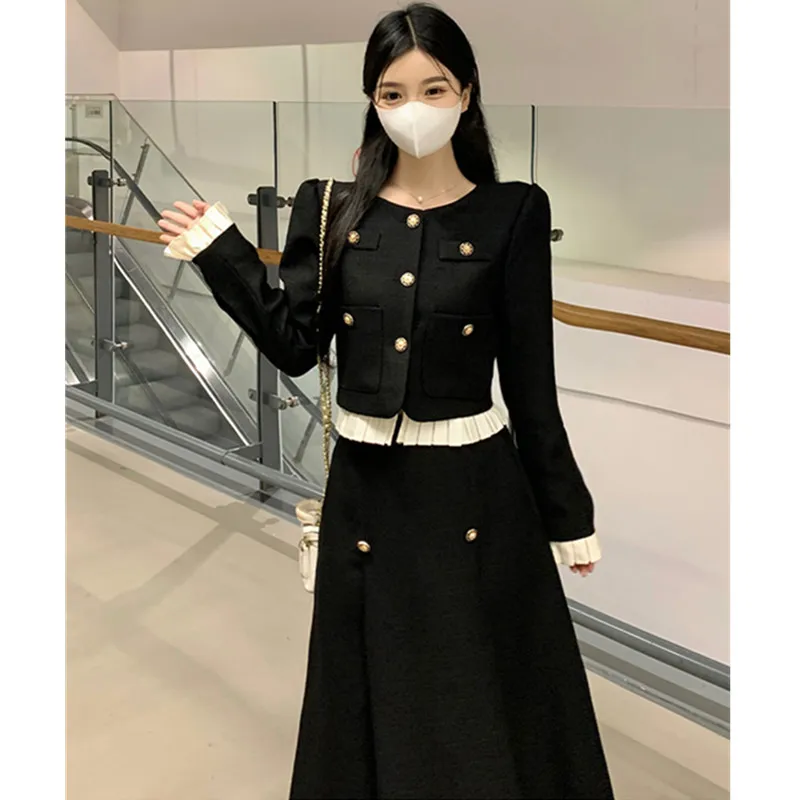 Women's Blue Long Suit Coat Mini Skirts Outfits Korean Spring Autumn New Tweed Short Jacket High Waist Half Skirt Two Piece Sets