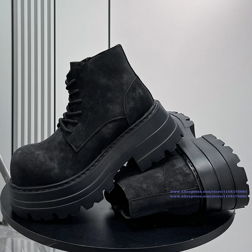Thick-Soled Ankle Boots Black Leather Side Zipper Men's Shoes Round Toe Men's Boots Height Increasing High Top Men's Boots