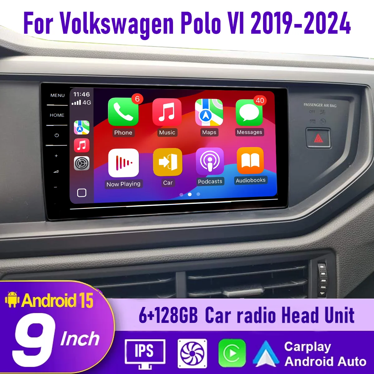 

9“ Wireless CarPlay Android auto 6-128GB (8CORE) For VW Polo 2019-2024 MQB Radio QLED Screen Android Head Unit Navigation Car