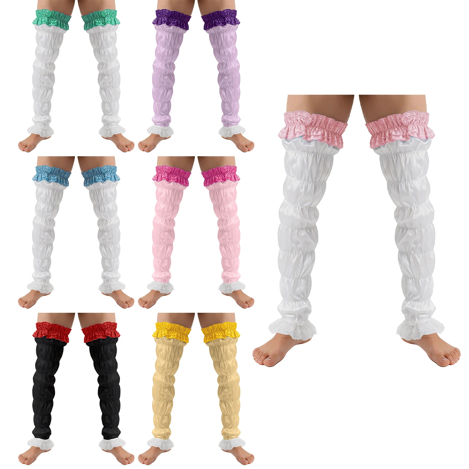 

Пара мужских атласных гетр из шелковистой ткани с цветочным кружевом и оборками, высокие до бедра, без стоп, для костюма дрэг-квин