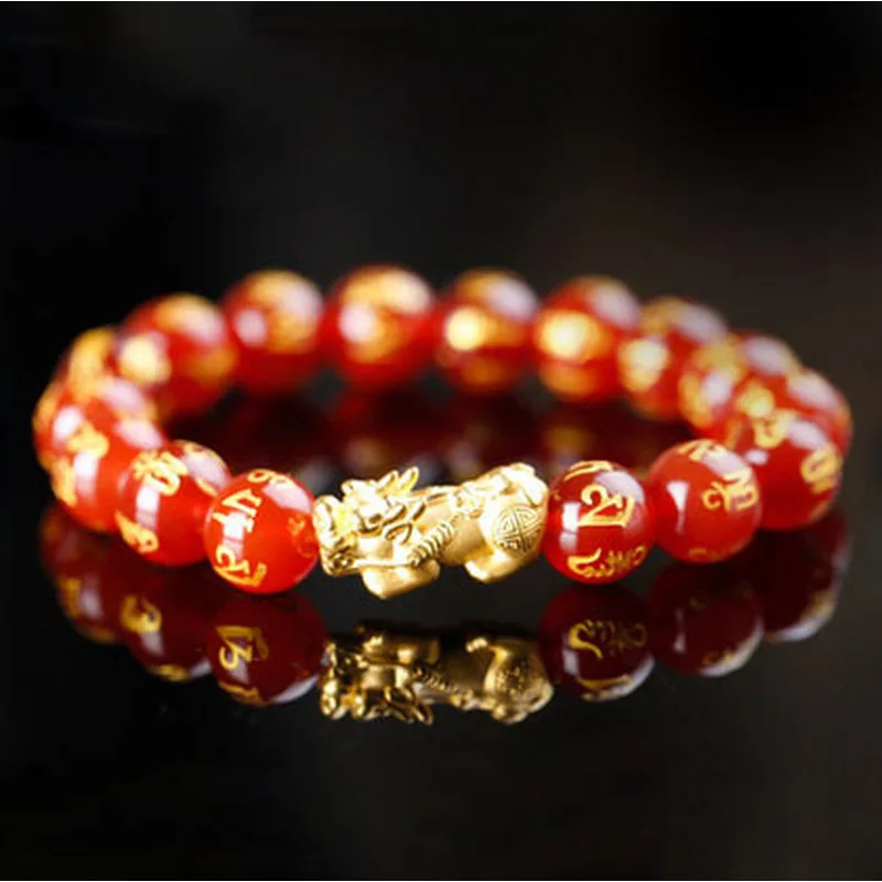 Six-Character Mantra Red Gold Pixiu Buddha Bead Bracelet Women and Couples Black Agate Tiger Eye