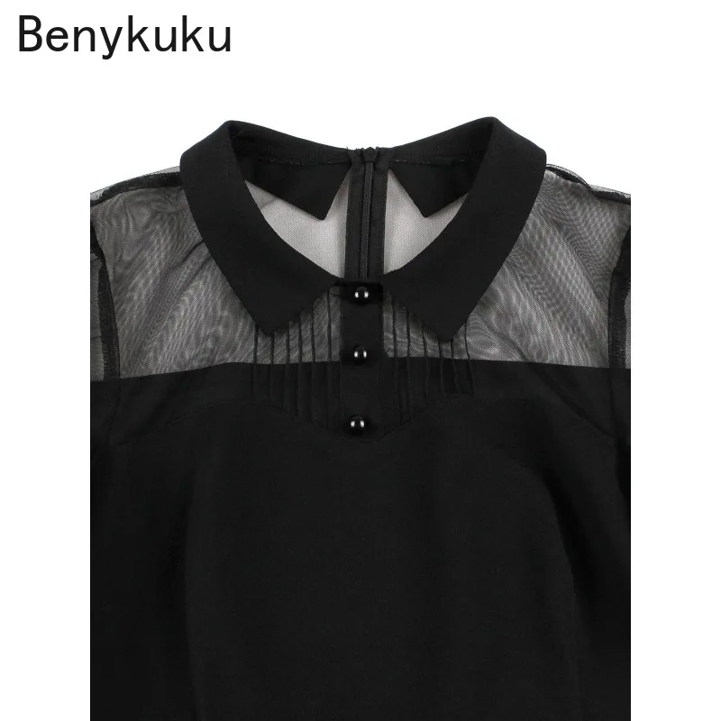 Robe de soirée gothique noire, boutons sur le devant, manches en maille, vêtements d'été pour femmes, col rabattu, ceinturé, robe de bal Vintage Y2k, 2025