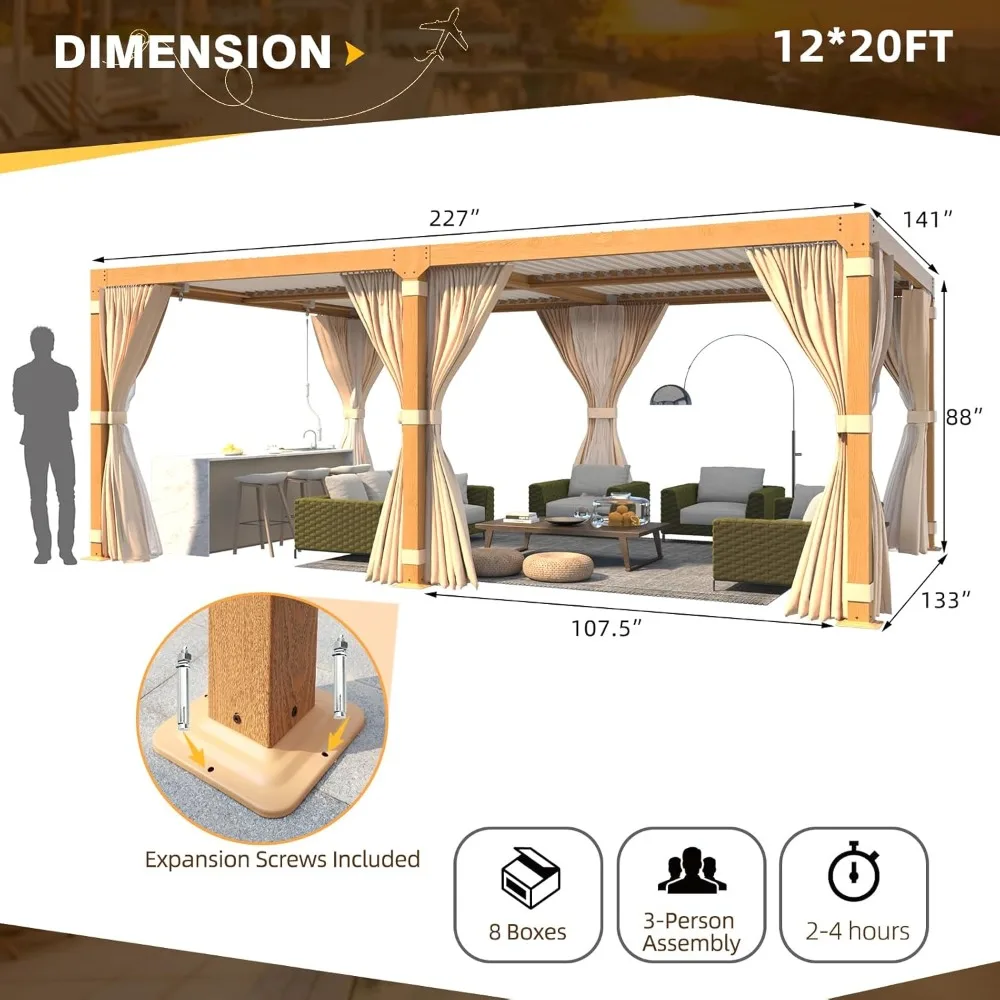 Louvered Pergola 12x20, Aluminum Pergola with Adjustable Louvered Roof, Wood Grain Pergola with Waterproof Curtains and Nets