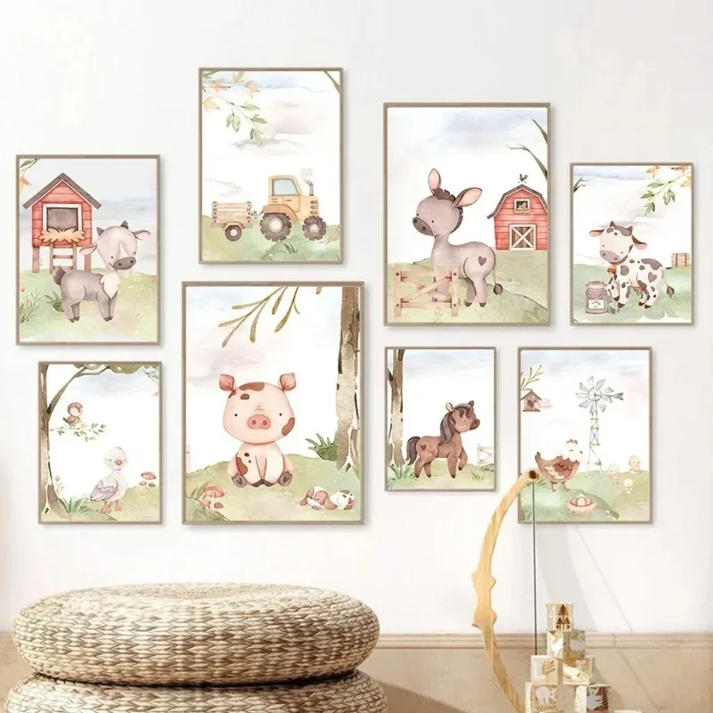 Farm Animal Sheep Cow Pig Chicken Duck Bird Wall Art Canvas Painting Nordic Posters Prints Nursery Wall Pictures Kids Room 