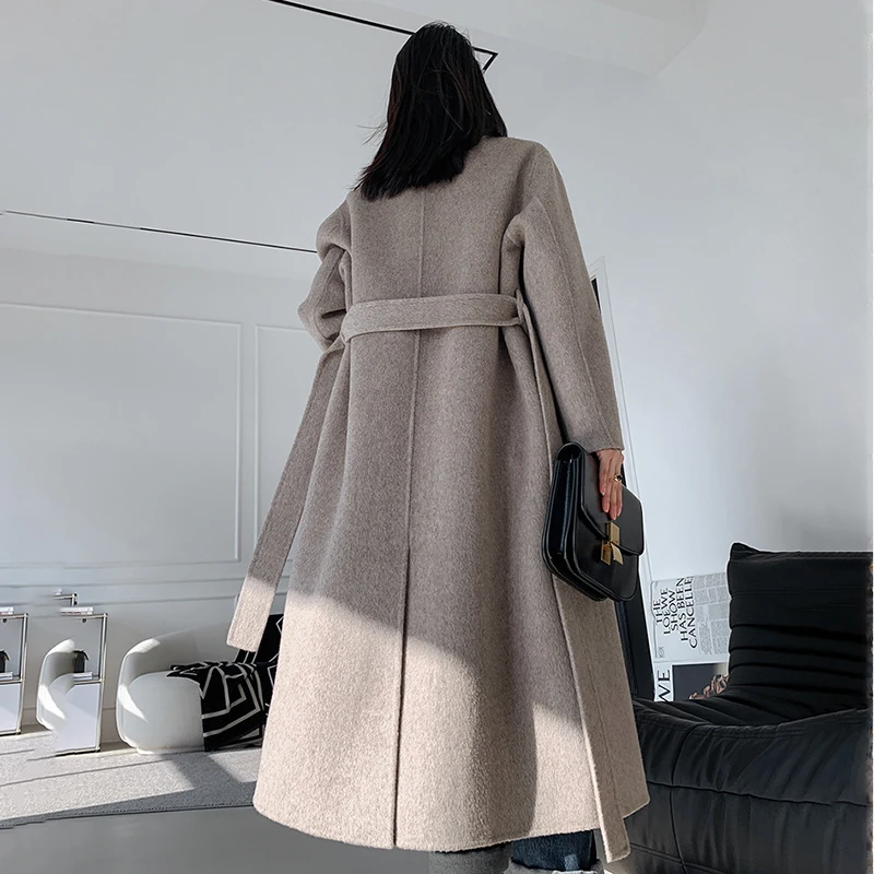 Women Double-face Woolen Coat Fall Winter Scarf Collar Long Loose Overcoat Female Solid Double Breasted Belt Slim Wool Jacket