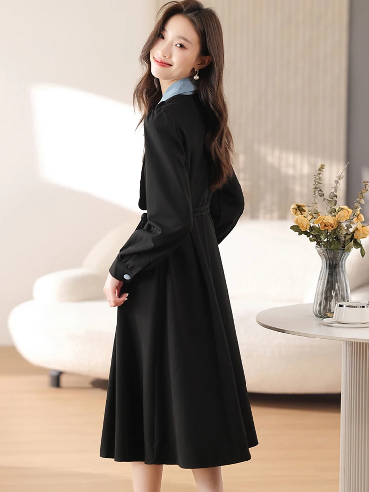 Vrouwen Koreaanse Vintage Bodycon Nep Tweedelige Jurk Zomer Zwart Patchwork Blauwe Polo Kraag Midi Jurk 2025, Elegante Luxe Jurken