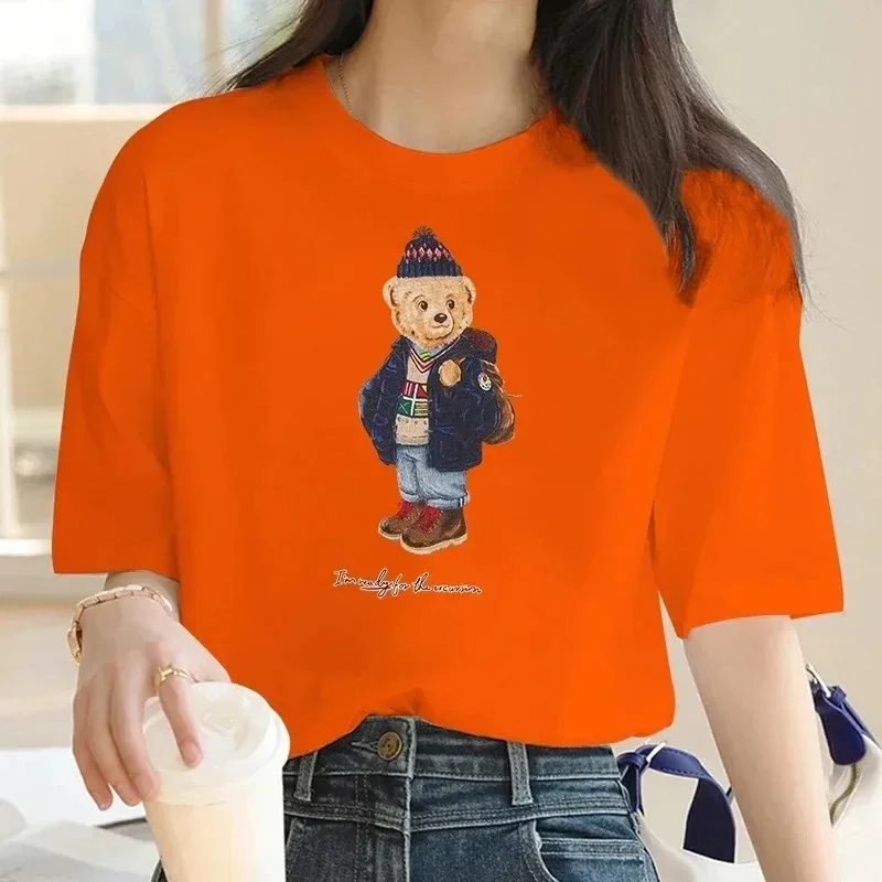 2024 Luxury Brand Summer Print T-shirt Plus Size Bear for Women\'s High-Quality Cotton Casual Oversized Personality Sleeve O-neck