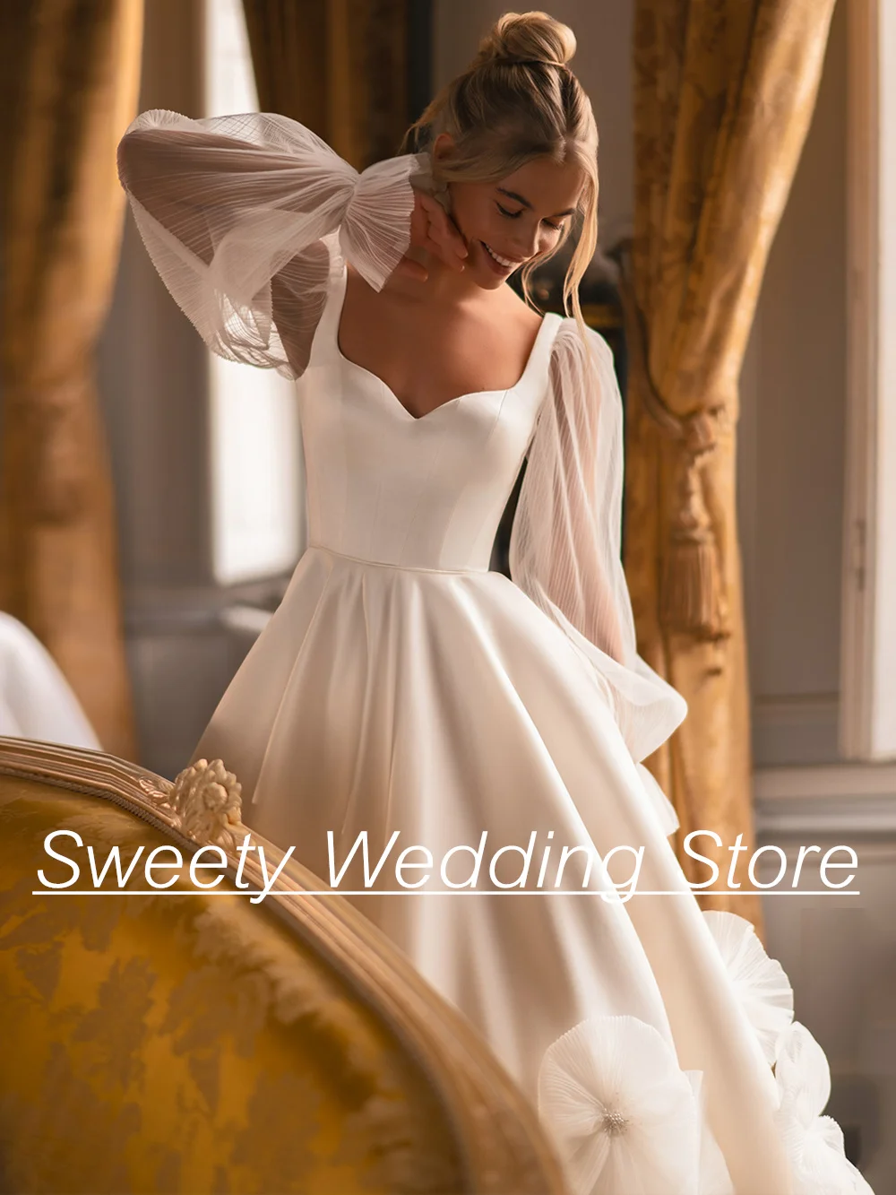 Charming Satin Wedding Dress Puff Sleeves V Neck Pleat Pearls Flowers Sweep Train Zipper Buttons Vestido De Noiva Bridal Gown
