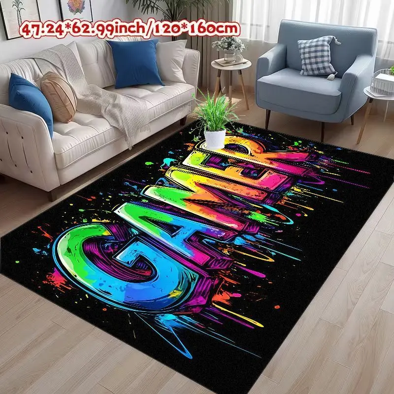 1pc GAMER Rug Suitable for Bedroom/ Floor Mat with Graffiti Street Art, 3D Gradient Glossy Finish & Paint Splatter - Machine W