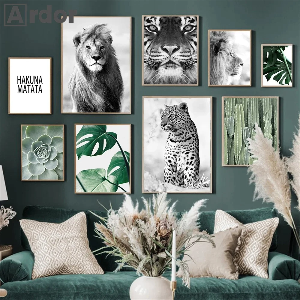 الشمال Monstera أوراق النبات الرسم على لوحات القماش الجدارية الأسد النمر ليوبارد الحيوان المشارك هاكونا ماتاتا يقتبس الفن يطبع ديكور المنزل
