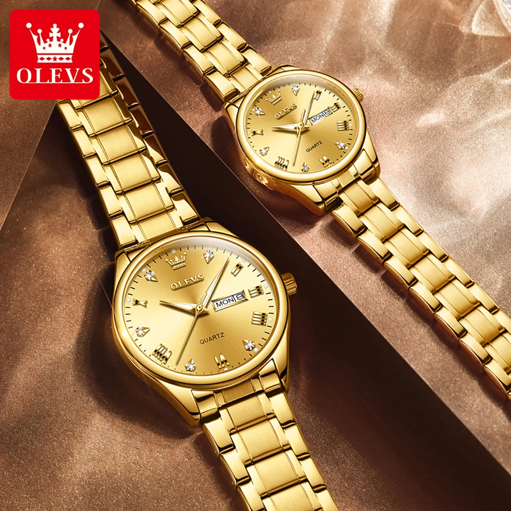 OLEVS jam tangan kuarsa pasangan, arloji merek baru emas baja tahan karat berlian mewah tanggal pekan bercahaya untuk kekasih