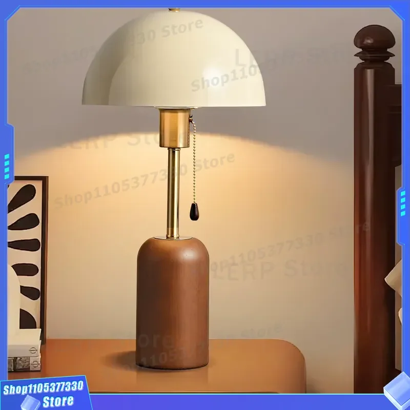 Medieval Floor Lamp LED Dimmable Warm Light Solid Wood Side Table for Bedroom Study Living Room Eye Protection Decor Solid