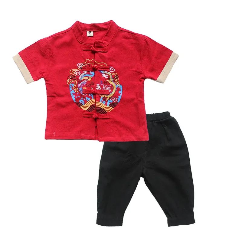 Conjuntos de ropa tradicional china para niños, traje Tang, Tops de algodón para bebés, abrigo, camisas de manga corta, pantalones Hanfu sueltos, 3 colores