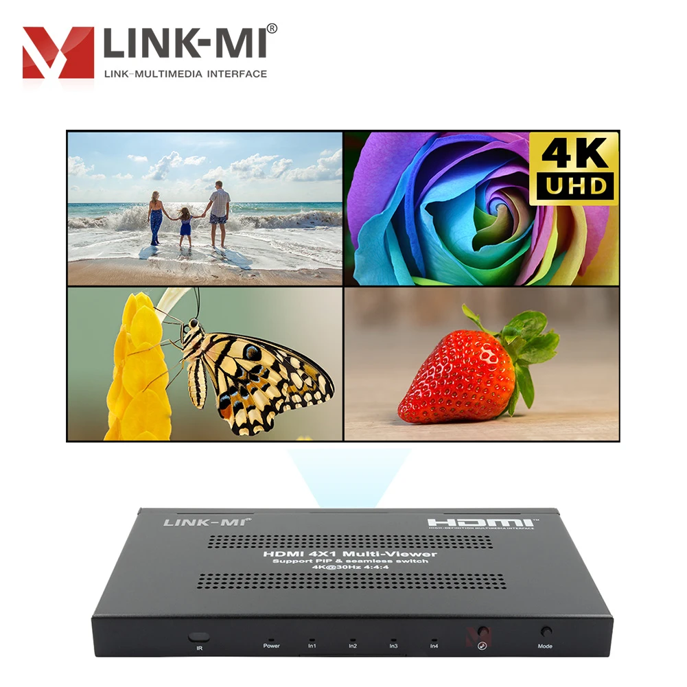 4x1 HDMI マルチビューワー 4K@30Hz、シームレススイッチング、IR&パネルボタン、最大オーディオサンプリングレート 48kHZ をサポート