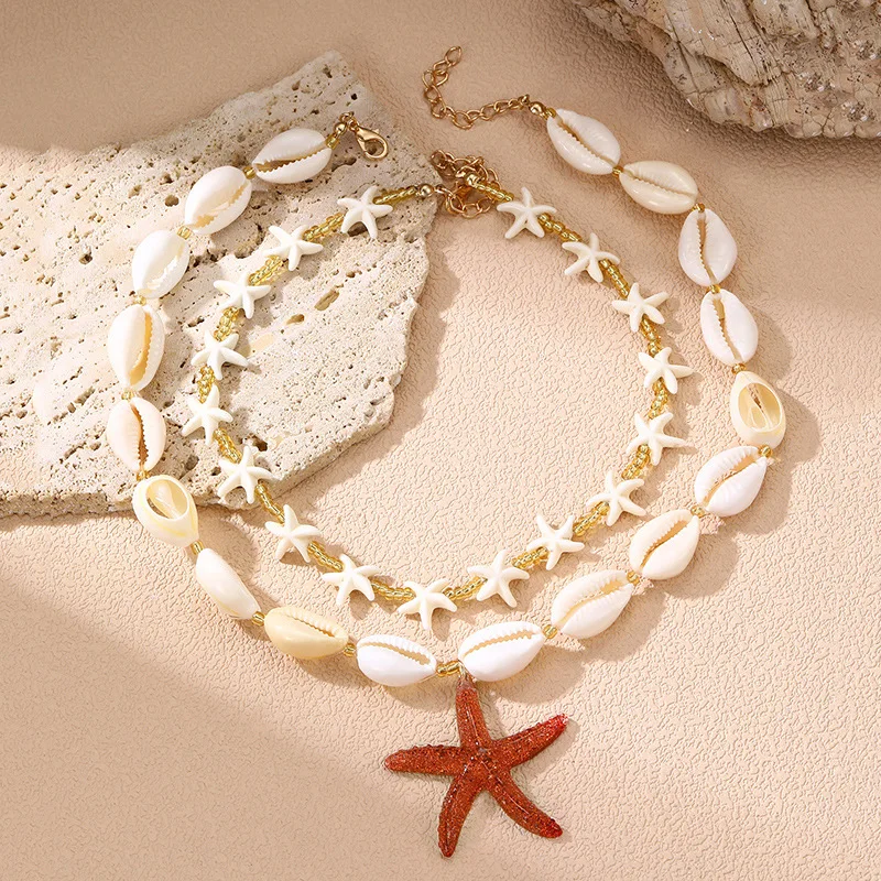 1/2pcs/set Beach Boho Shell Necklace – Textured Strands with Starfish Charms, a Perfect Vacation Gift for Her.