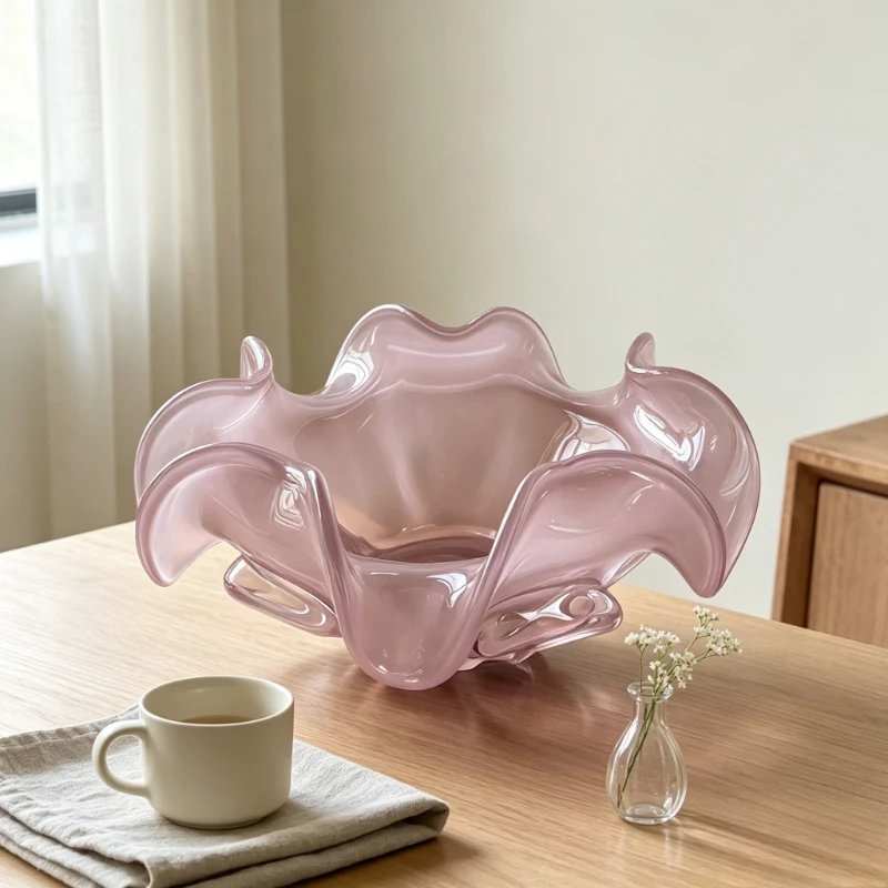 Cream Color Glass Fruit Bowl Pink Handmade Tray Living Room Ornament Coffee Table Snack Holder for Home Kitchen Decor