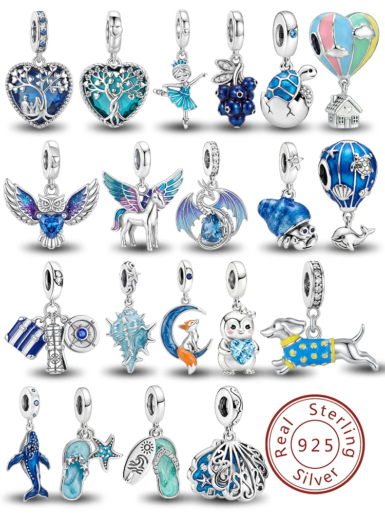 925 Sterling Silver Penguin Conch Hot Air Balloon Blue Series Charm Pendant for Bracelets DIY Women's High Quality Fine Jewelry