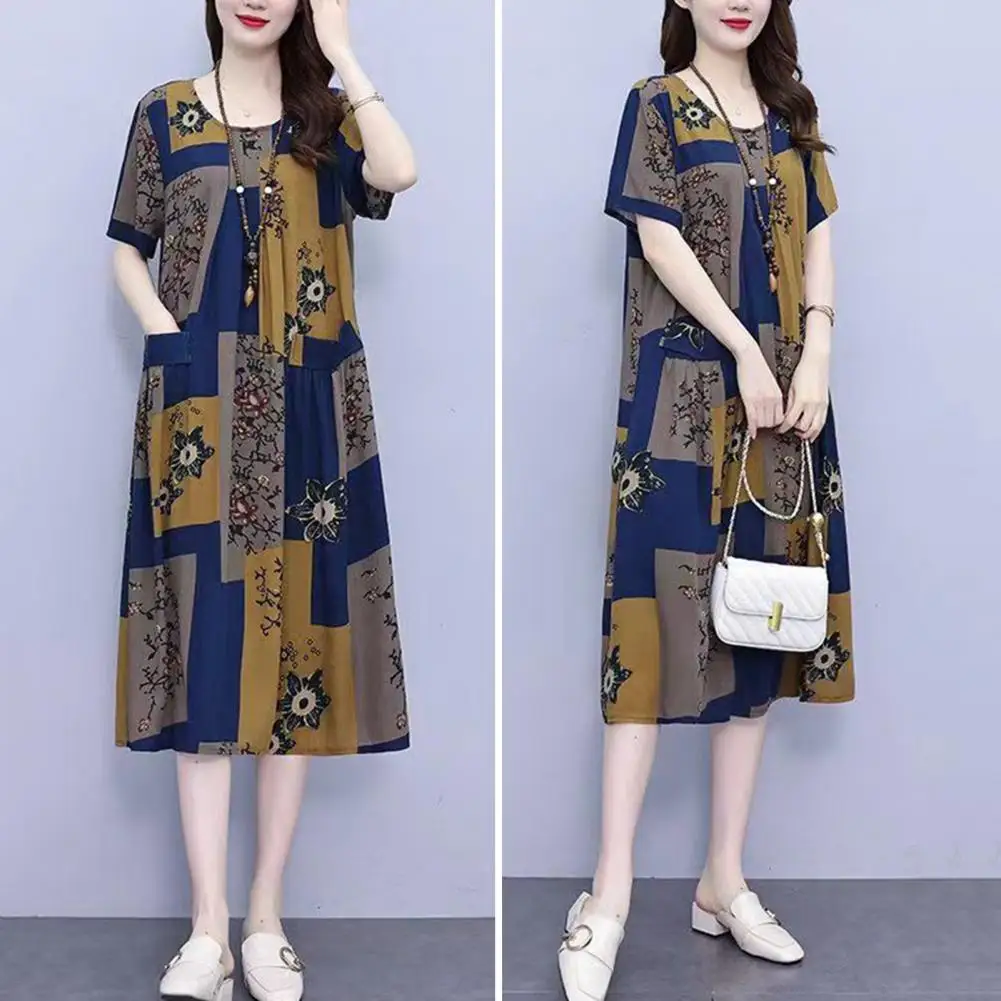 

Women Round Neck Dress Printed Dress Floral Print A-line Midi Dress with Pockets for Women Knee Length Short Sleeves for Commute