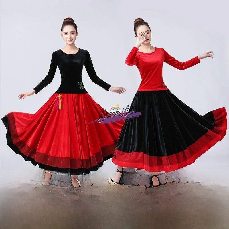 

New Square Dance Costume Set Women's Autumn Winter Dance Wear Gold Velvet Mid-Aged And ly Performance Outfit