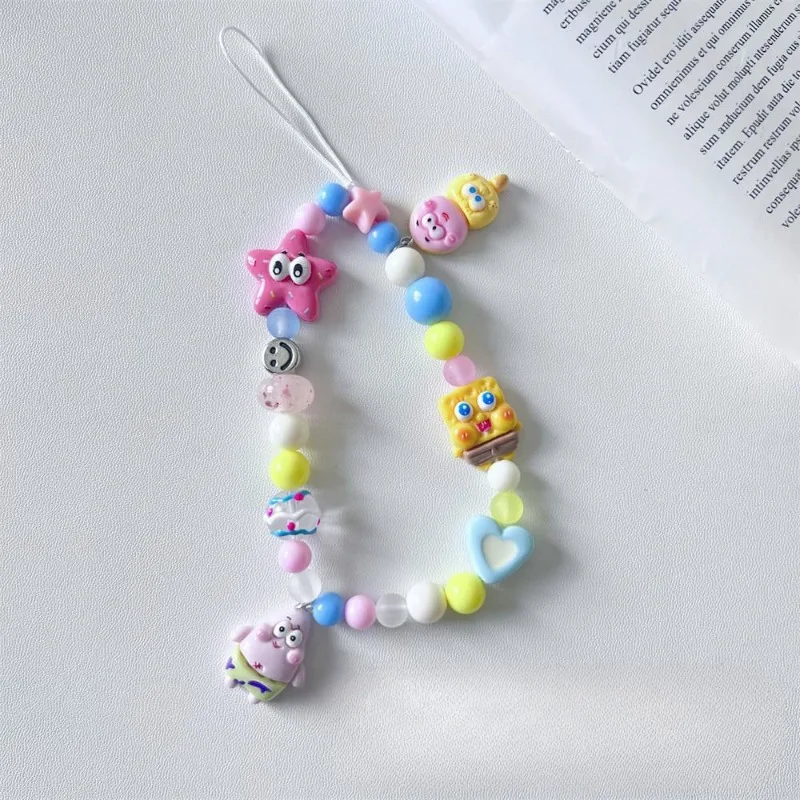 SpongeBob Cell Phone Chain Bag Charm Patrick Cartoon Telephone Hanging Cord Anti-Drop Anime Hanging Rope Beads Pendant Jewelry