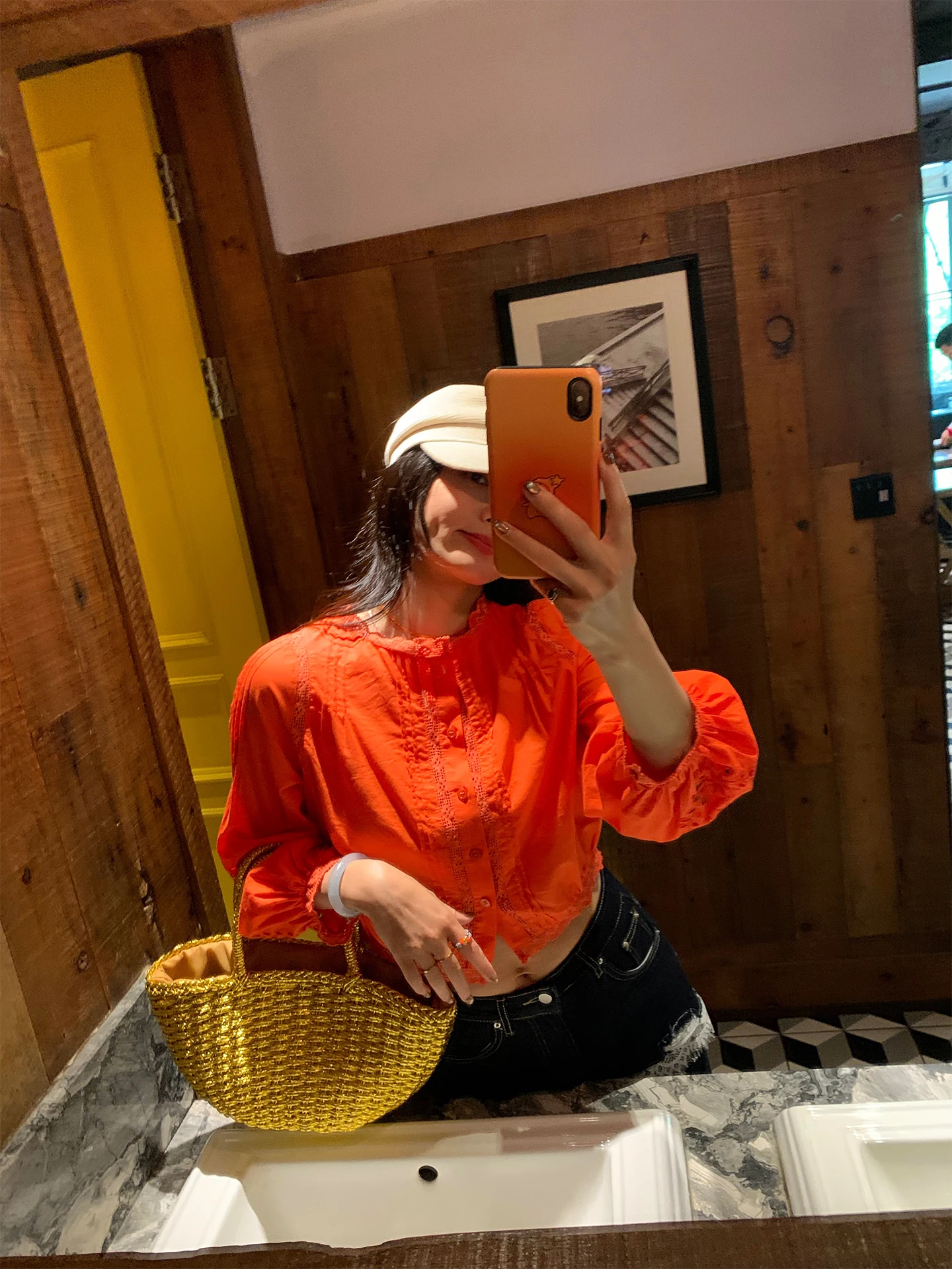 

Pure Cotton Long Sve Women's irt Embroidered Hollow out Design ort Sle Orange Red Color Korean Sle Loose Fit