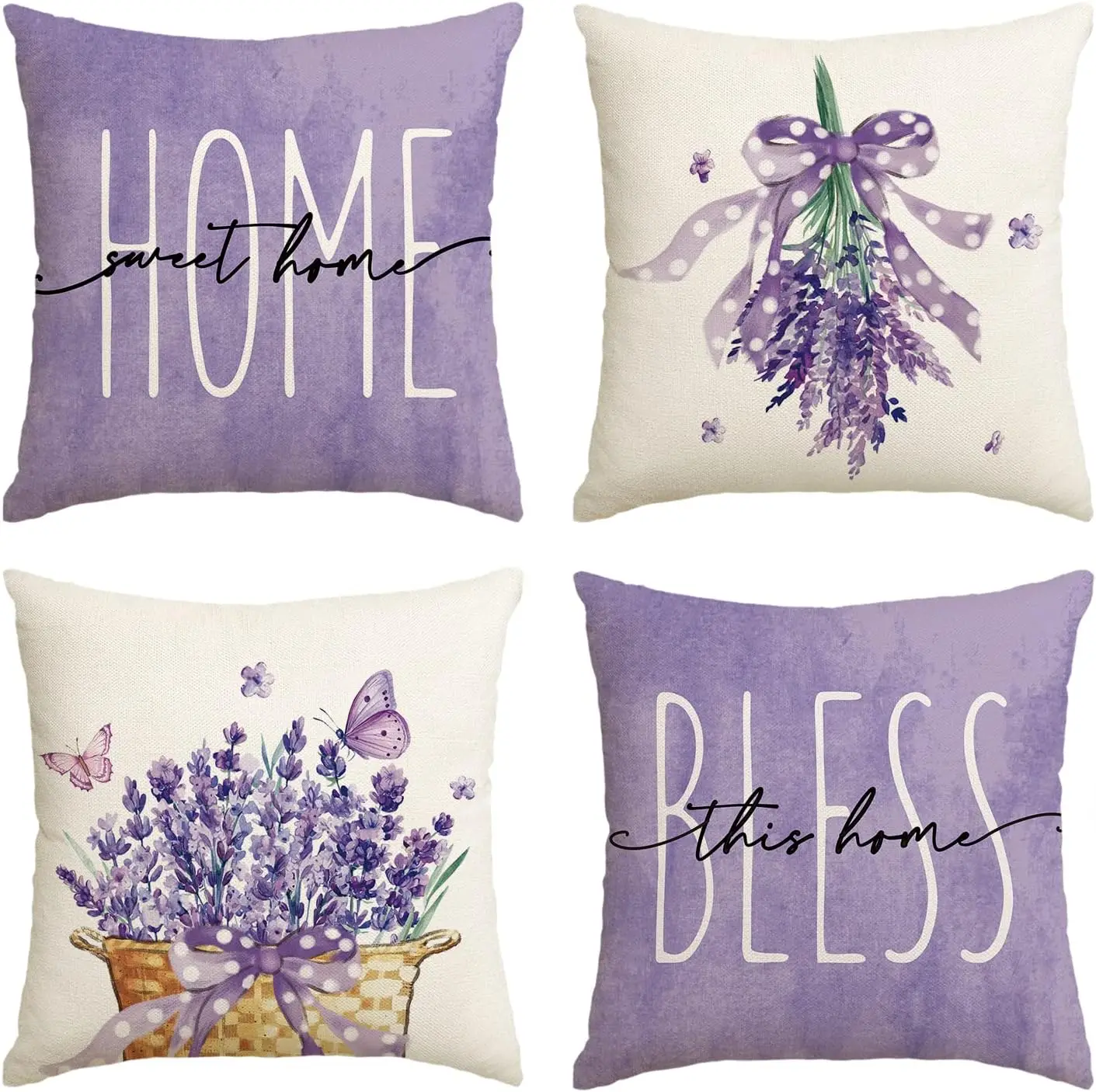 colorlife Lavender Home Sweet Home Spring Throw Pillow Covers, 18 x 18 Inch Purple Summer Cushion Case for Sofa Couch Set of 4
