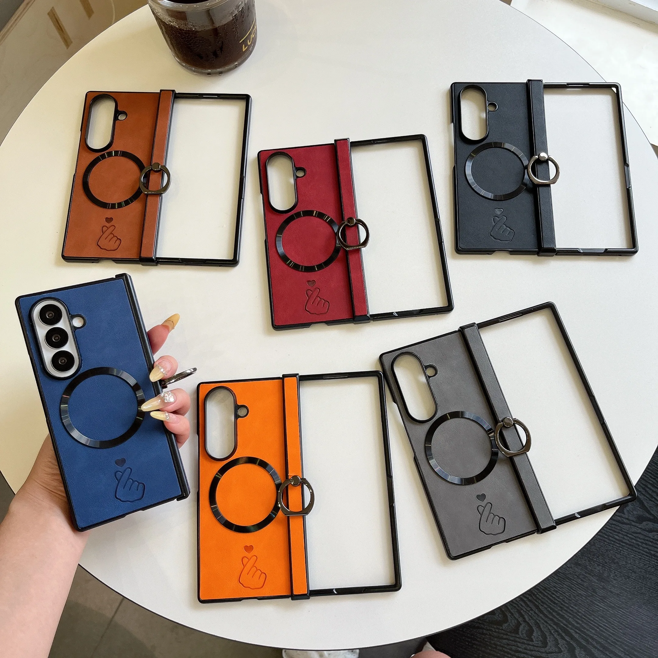 Business Magnetic Attraction Ring for Samsung Z Fold 7/6/5/4/3 Heart Finger Gesture Central Axis Protection Phone Case Shell
