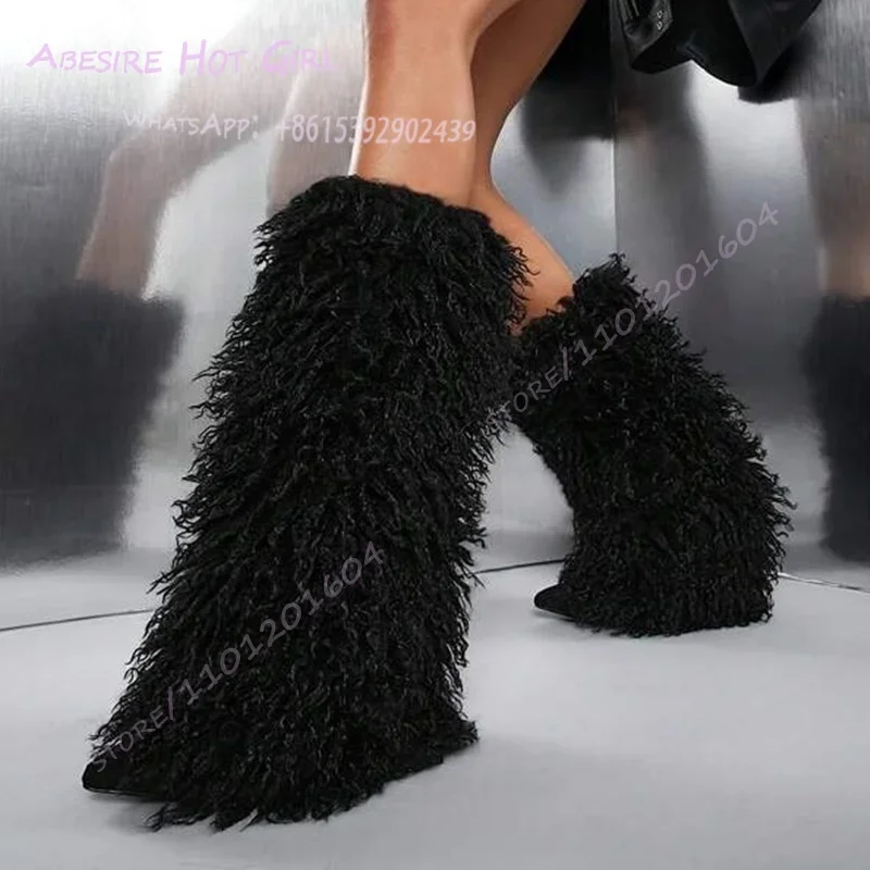 

Black Long Tassel Stiletto Pointed Knee Boots Women Feather Light Brown Leather Winter Plush Girl Shoes Snow Party Strips Design