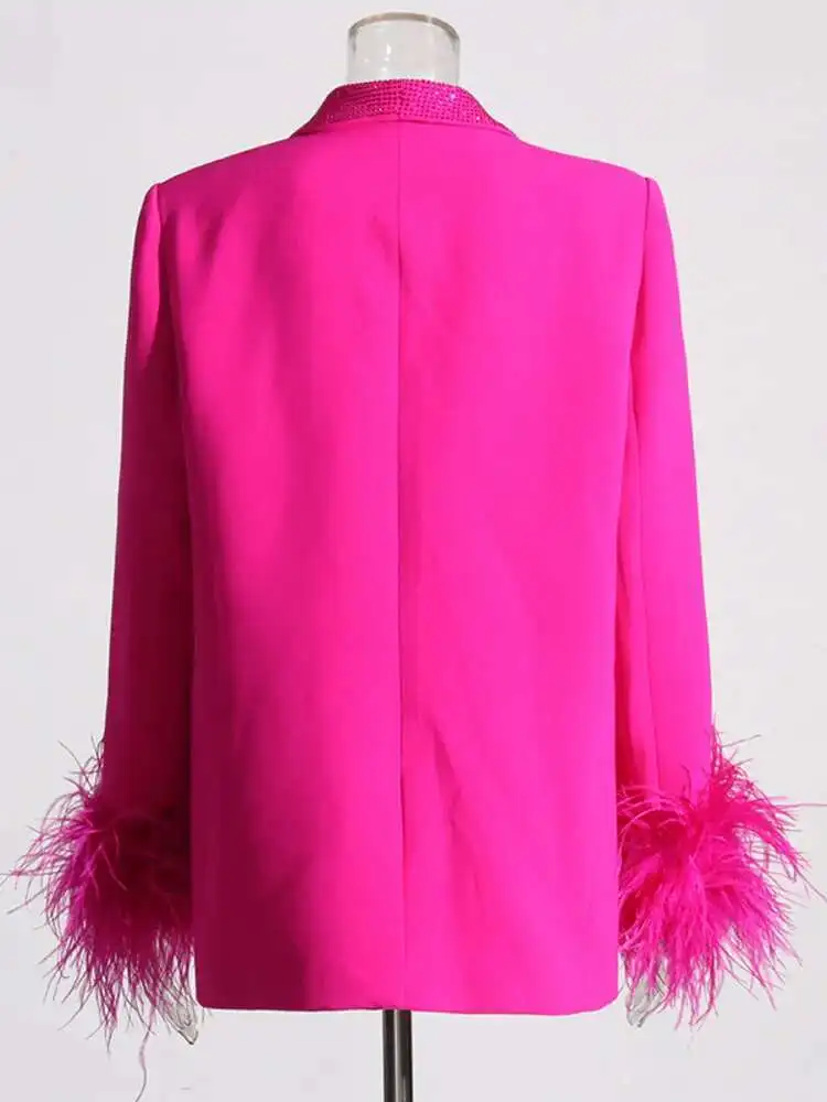 سترة مزينة بالماس مزين بالترتر للنساء ، زر واحد ، تصميم أنيق للأزياء ، لون ثابت ، جديد ، صيف ، XF1980 ،