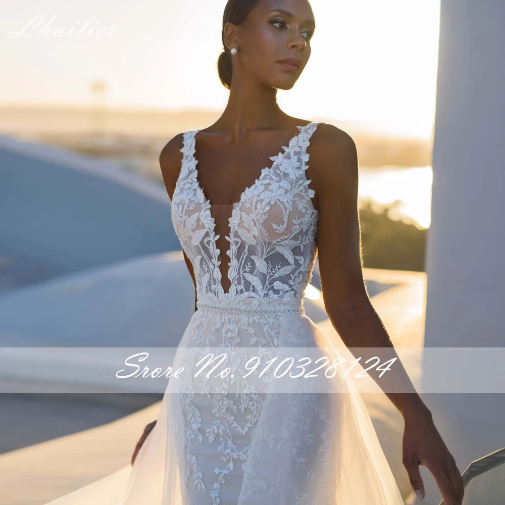 Lhuilier Sexy scollo a V Illusion merletto a sirena Appliques abiti da sposa senza maniche abito da sposa senza schienale con treno staccabile