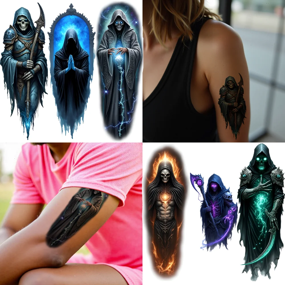 

3 шт., временные татуировки, темные фигурки с капюшоном, красочные реалистичные, мрачный жнец, водонепроницаемые, долговечные наклейки для тела для взрослых и мужчин