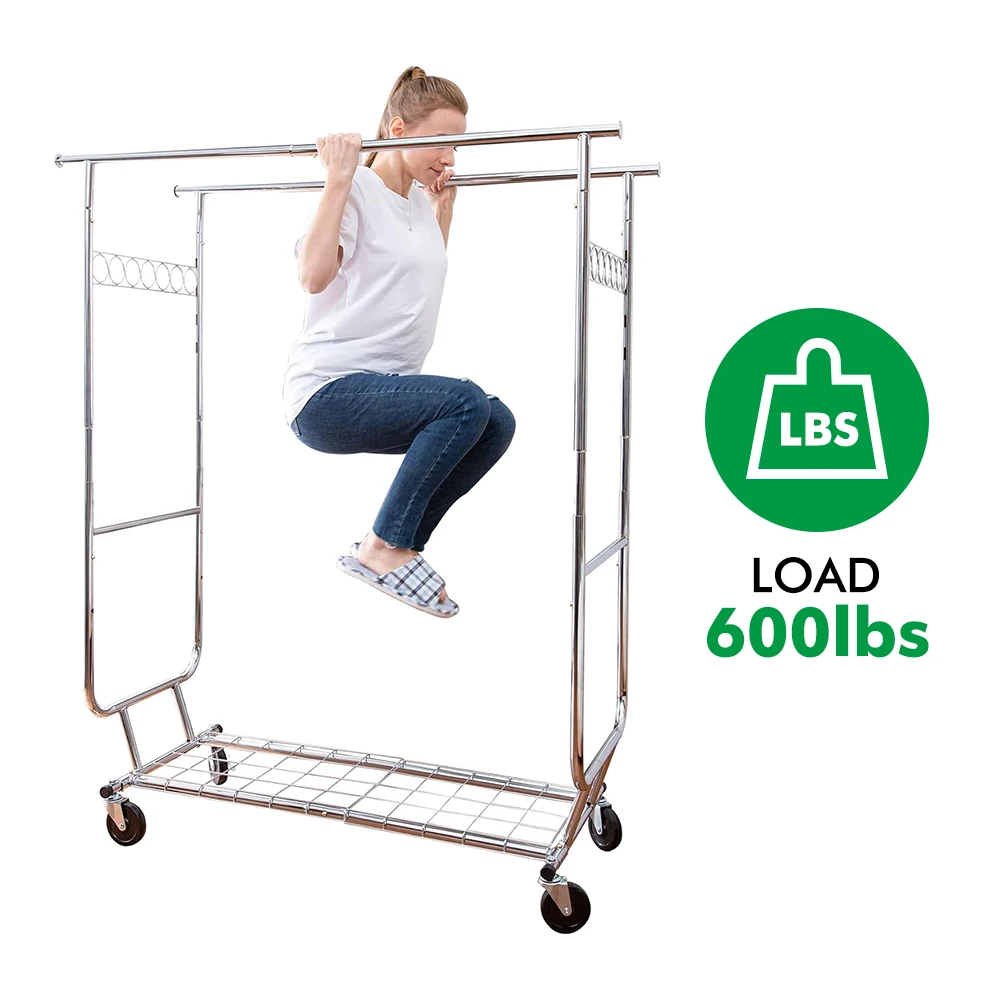 

Commercial Grade Heavy Duty Double-rail Garment Rack with Shelves Wheels Chrome Finish Heavy Duty Double-rail Coat Rack 600 lbs