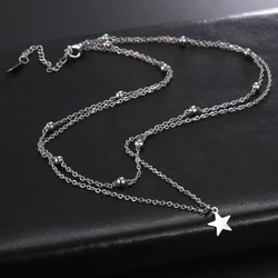 KKjoy Star Pendant Necklace for Women Silver Color Stainless Steel Beads Double Chain Collars Minimalist Jewelry Accessories New