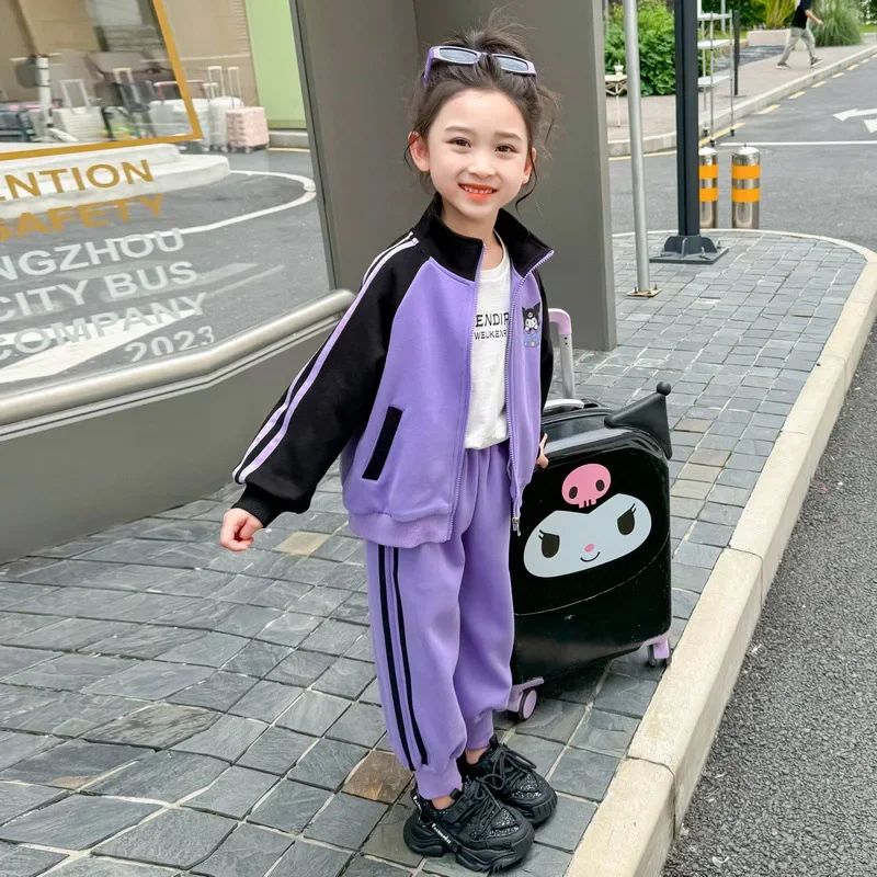 Anime Sanrio Cartoon Kuromi Print Clothing Sets for Children Girls Jacket + Long Pants 2piece Autumn Baby Kids Teen Holiday gift