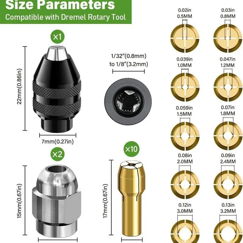 Set Collet Bor Mata Bor Collet Kuningan 1/32-1/8 Inci Pengganti Batang Tanpa Kunci untuk Alat Putar Aksesori Penggiling Listrik