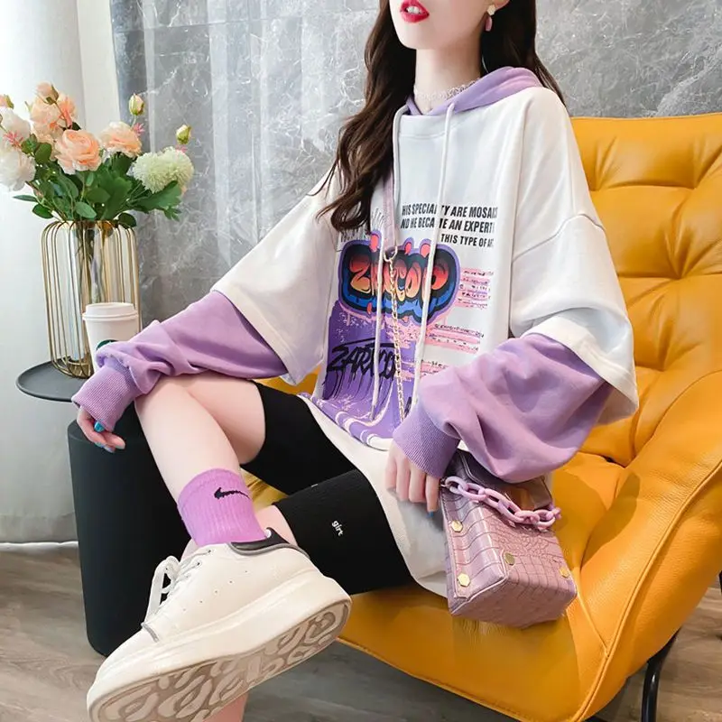 Women\'s Hooded Sweatshirts Spring and Autumn Loose Splicing Female Top Baggy Black Hoodies Graphic Dropshiping Matching Casual E