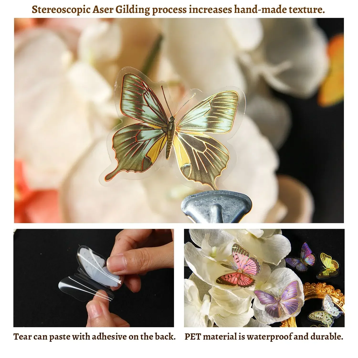 Journamm 15pcs/pack Gold Foil Butterfly Stickers DIY Scrapbook Collage Stationery Decor Diary Aesthetics PET Materials Stickers