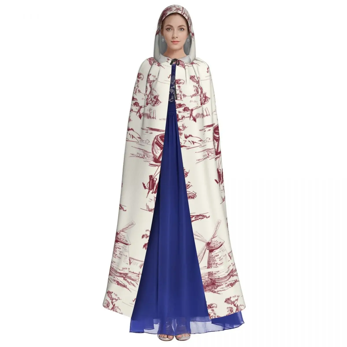 Long Cape Cloak Classic French Town Toile White And Red Color Hooded Cloak Coat Autumn Hoodies