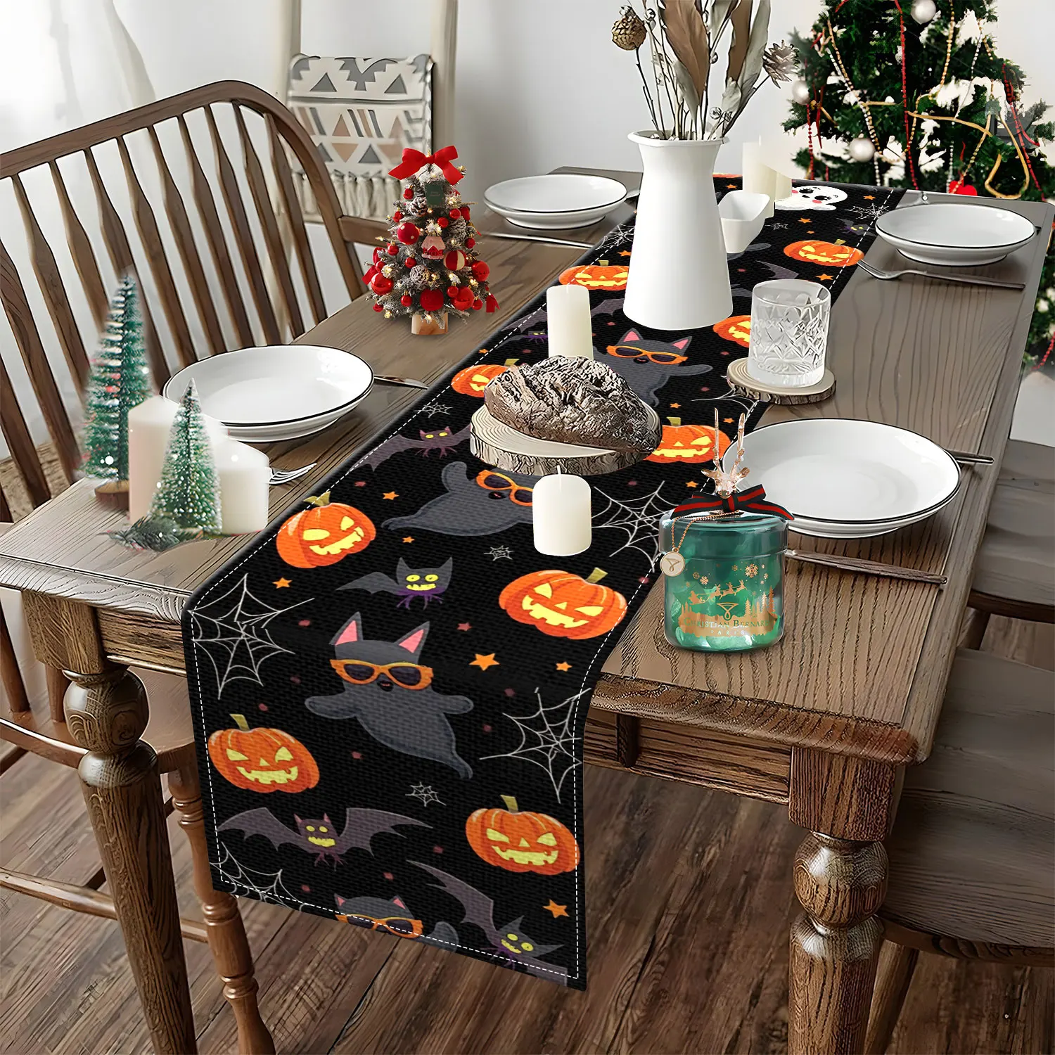 Halloween Pumpkin Ghost Bat Print Table Runner, Practical & Durable, Festive Atmosphere Table Runner