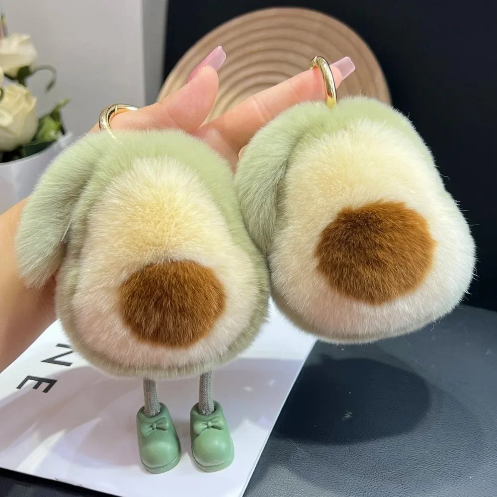 New Cute Plush Car Keychain Imitation Rex Rabbit Fur Avocado Keyring Pendant Kawaii Girl Gift Plush Doll Backpack Bag Pendant