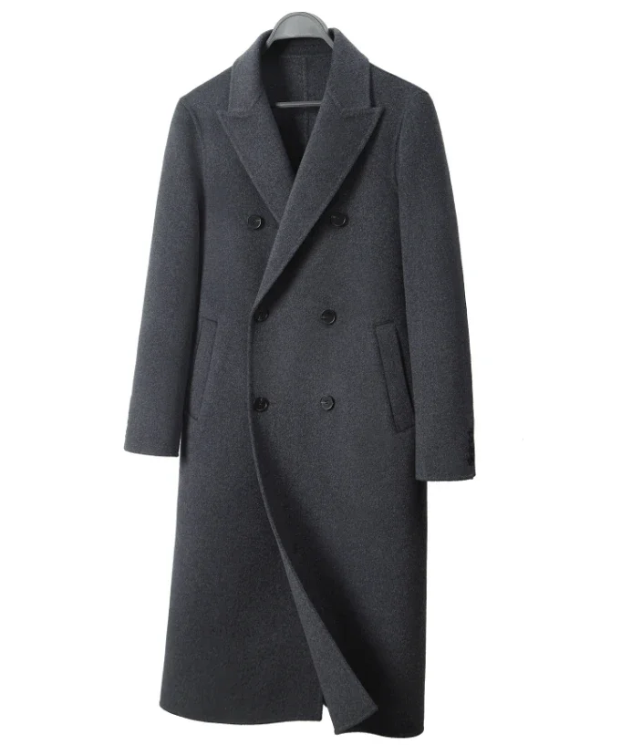 Thickened double-faced cashmere coat for men knee-cross lengthened youth large wool coat