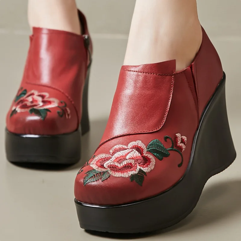 

ZXRYXGS 2026 Top Layer Cowhide Embroidery Flowers Women's Fashionable Shoes Thick Sole Non-slip Elevator Shoes High Heels Wedges