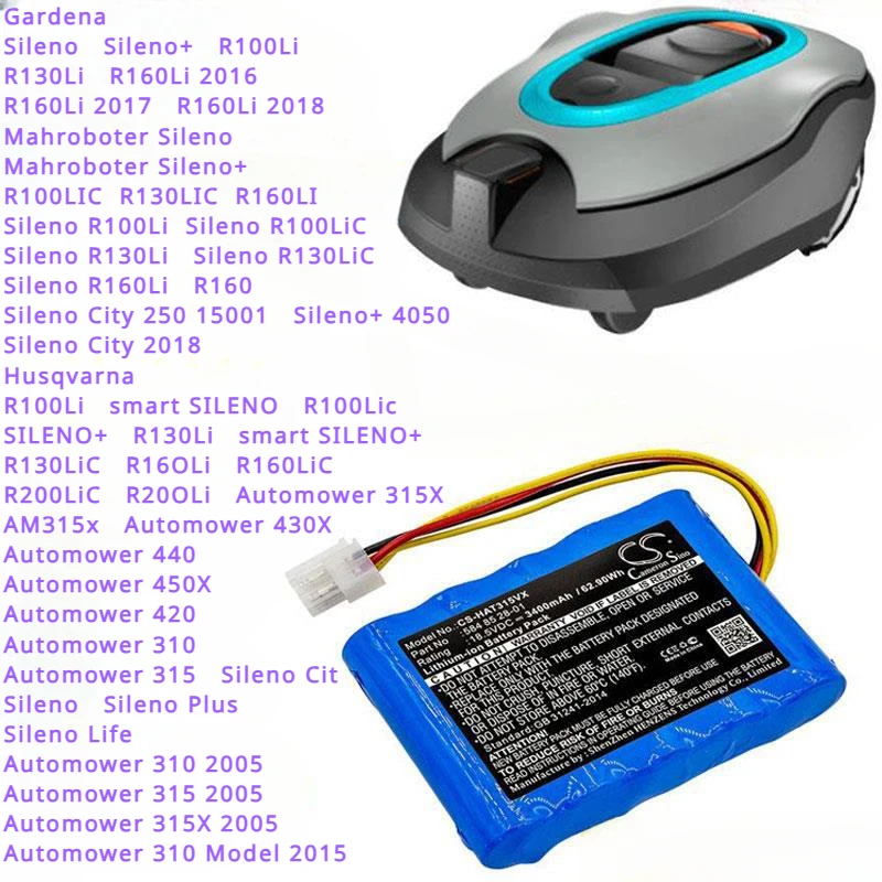 3400mAh Battery for Gardena R100Li, R130Li, R160Li 2016/2017/2018,Mahroboter Sileno, Sileno +,R100LIC,R130LIC,